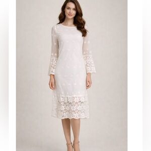 REBORN White Lace Boho Embroidered Bell Sleeve Dress S NWT